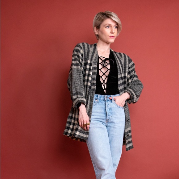 Vintage 80s black white plaid striped wool blazer - Picture 3 of 7